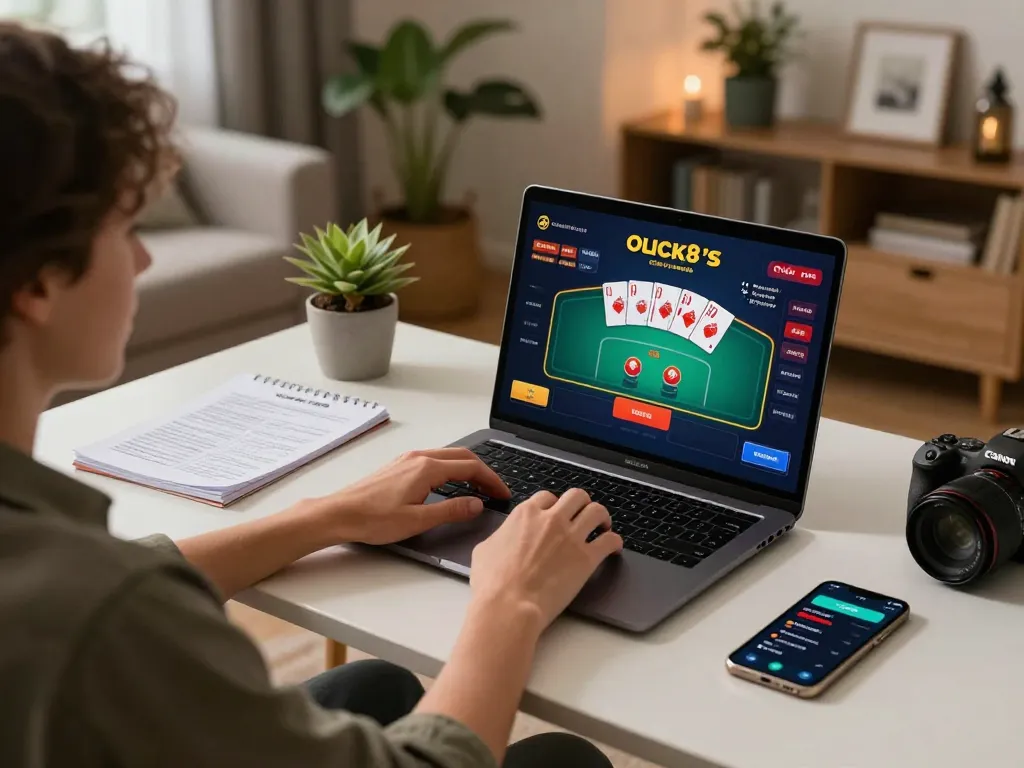 Enjoying a strategic gambling session on Luck8 with friends at home using a laptop and notes