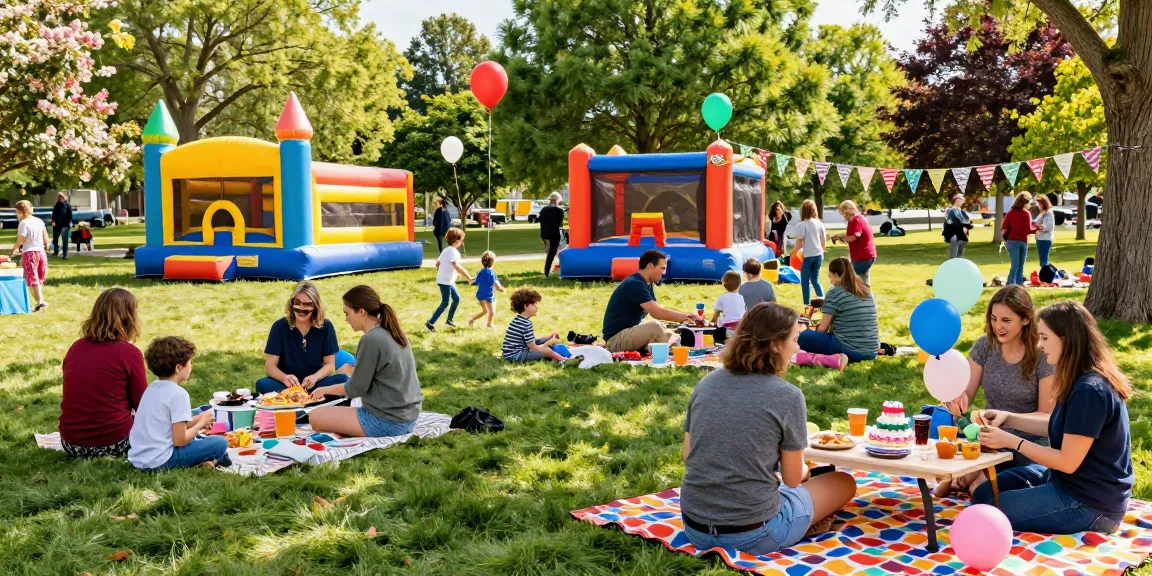 Exciting outdoor party at https://123b.party/ with families enjoying colorful decorations and inflatable games in a sunny park.