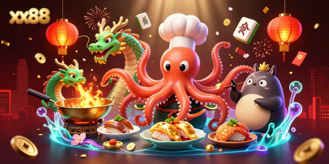 Experience exciting gaming at xx88 as animated characters prepare golden dishes and spark joy in a vibrant casino scene.