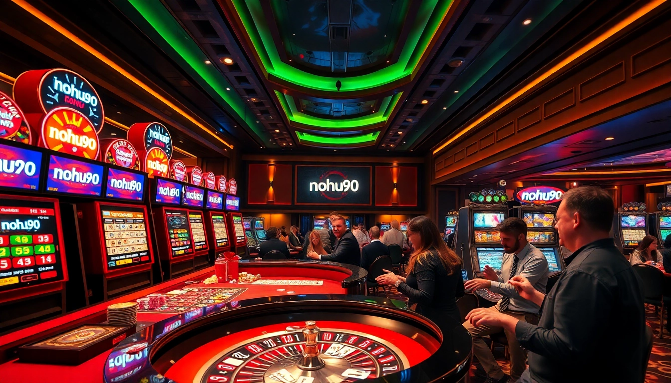 Nohu90 casino scene showcasing thrilling gaming with players at roulette and vibrant slot machines.