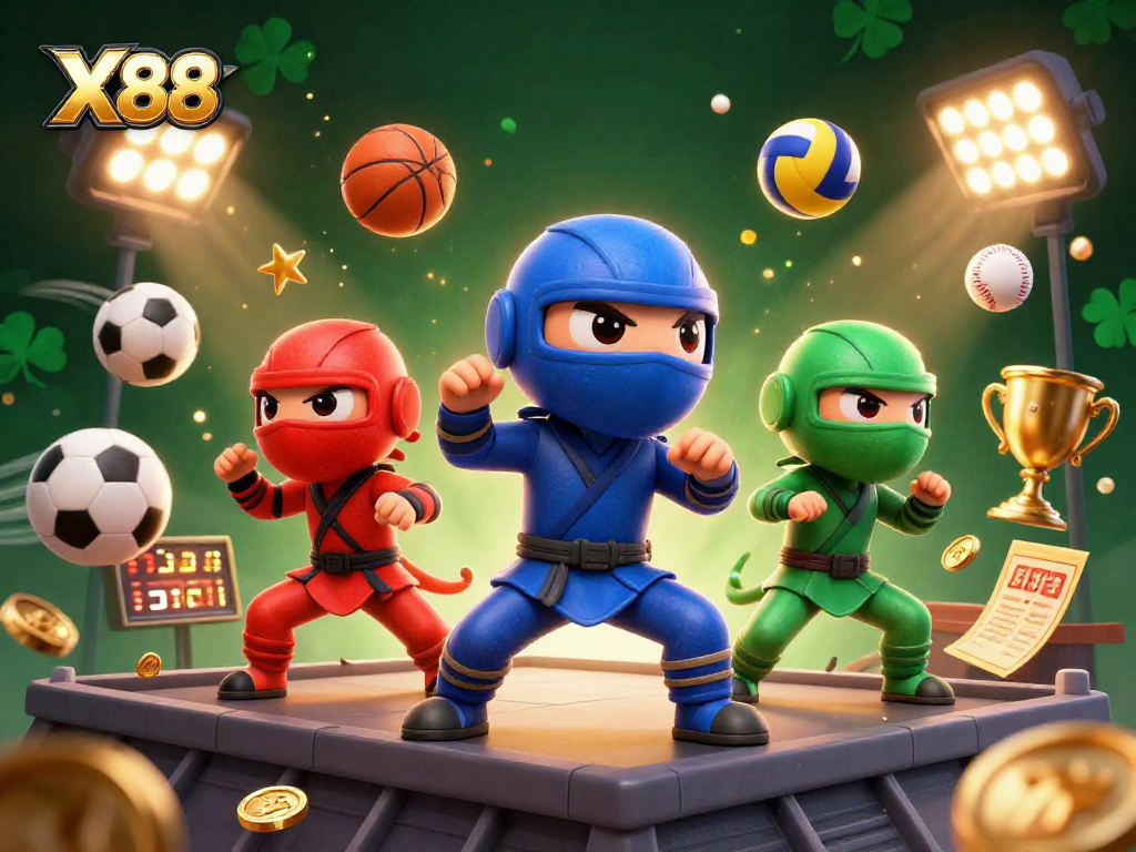 X88 showcases a dynamic scene with ninja chameleons and overlapping sports elements for online casino engagement.