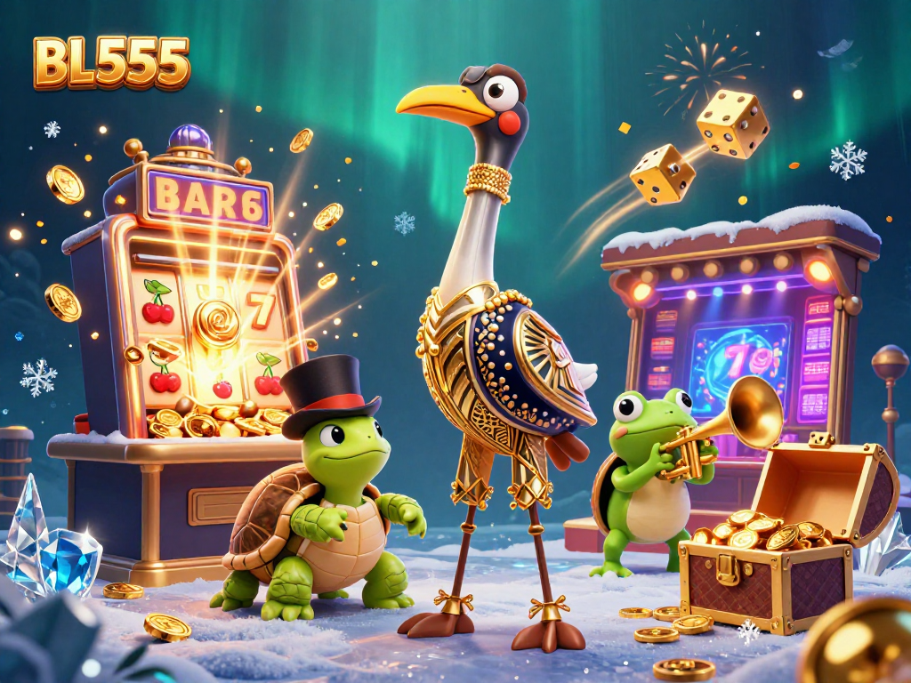 Experience the excitement of BL555 with a vibrant 3D casino illustration showcasing dynamic characters and gaming elements.