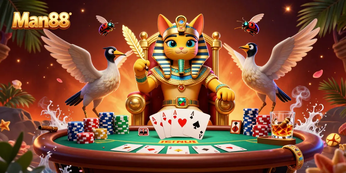 Man88 showcases a dynamic casino scene with a pharaoh cat, poker elements, and vibrant details.