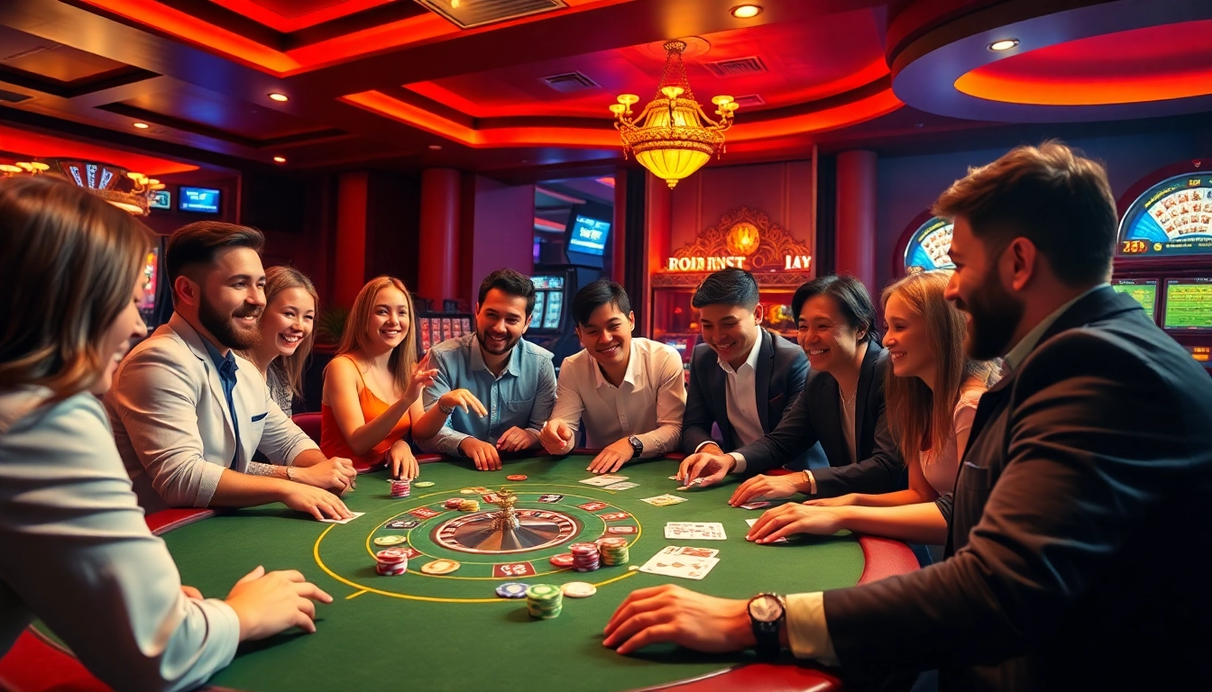 Experience thrilling poker action at okfun with vibrant players and luxurious casino elements.