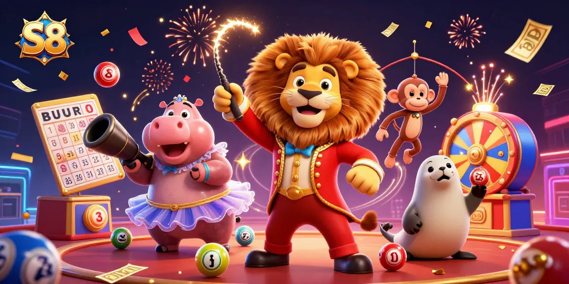 S8 presents an exciting circus casino theme, featuring playful characters amidst lottery balls and celebration effects.