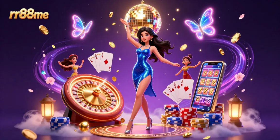 Experience the excitement at rr88me with a glamorous dance amidst sparkling casino elements.