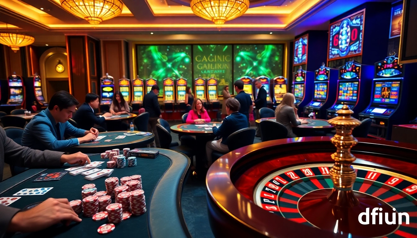 Players enjoying card games and slots at okfun's vibrant casino atmosphere.