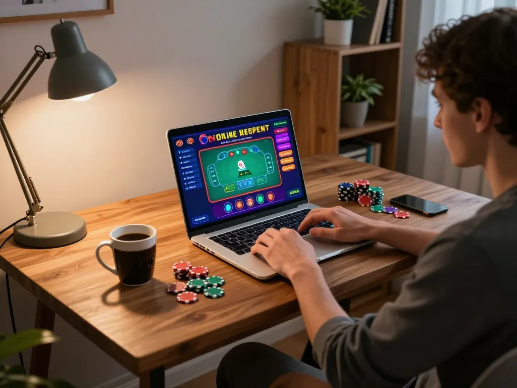 Player accessing https://go8s.bio/ for an engaging online casino experience with laptop, coffee, and poker chips.