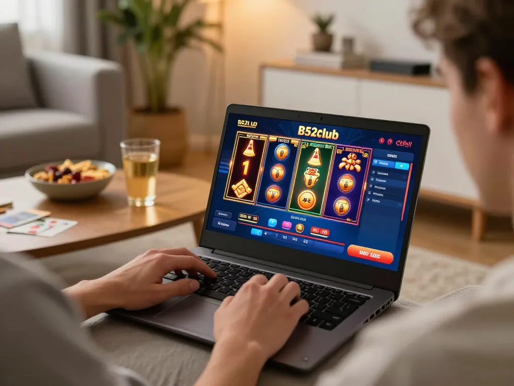 Engaging online gaming experience at B52club, showing a player enjoying vibrant slot games on a laptop.