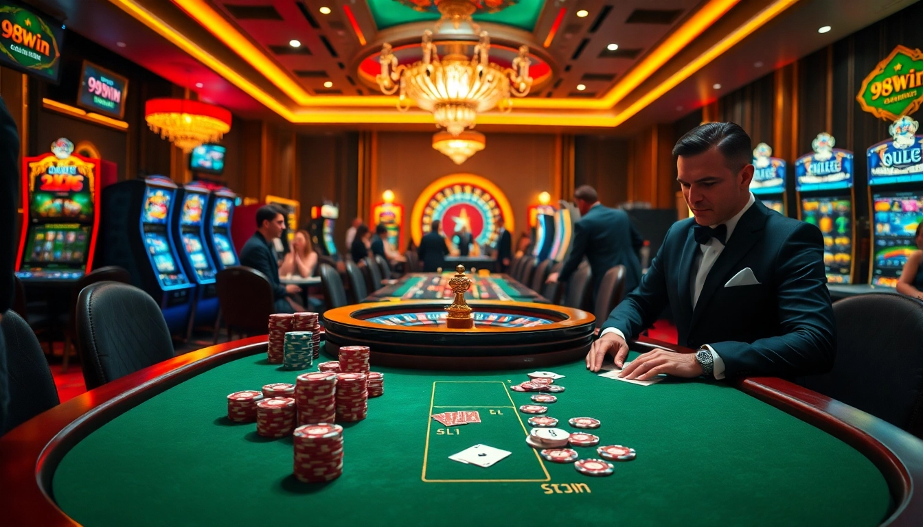 Join the excitement with 98win's vibrant casino experience featuring poker tables and roulette.