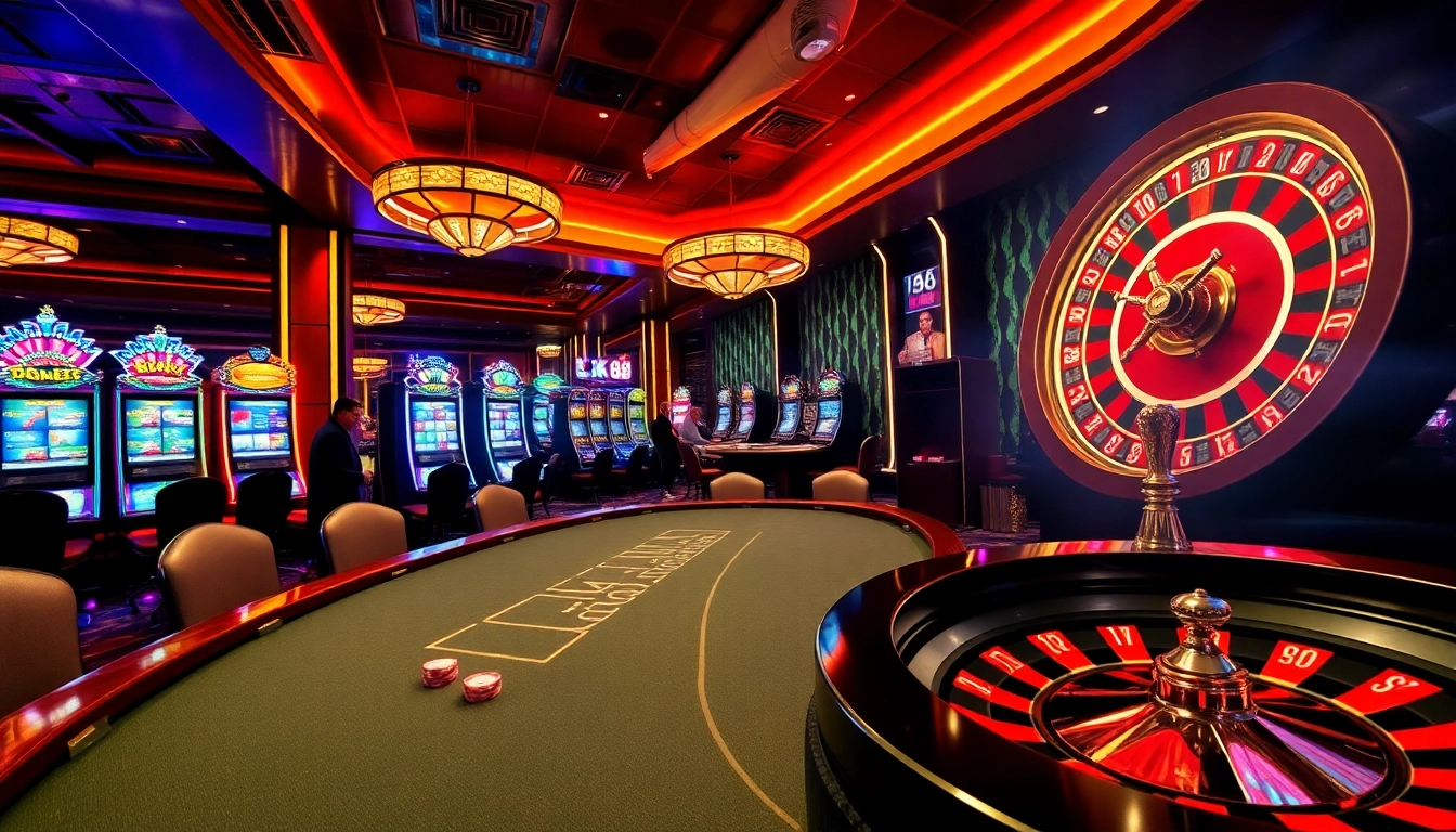 Exciting betting action at NK88 casino with vibrant poker table and slot machines.