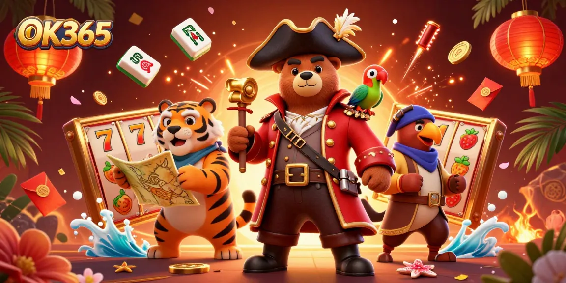 Spin the reels at OK365 with the pirate captain bear and friends in a vibrant casino adventure.