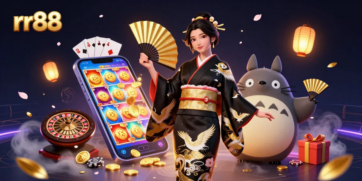 Experience the thrill of rr88 with an Asian-themed casino scene featuring a woman in a kimono and dynamic gaming elements.