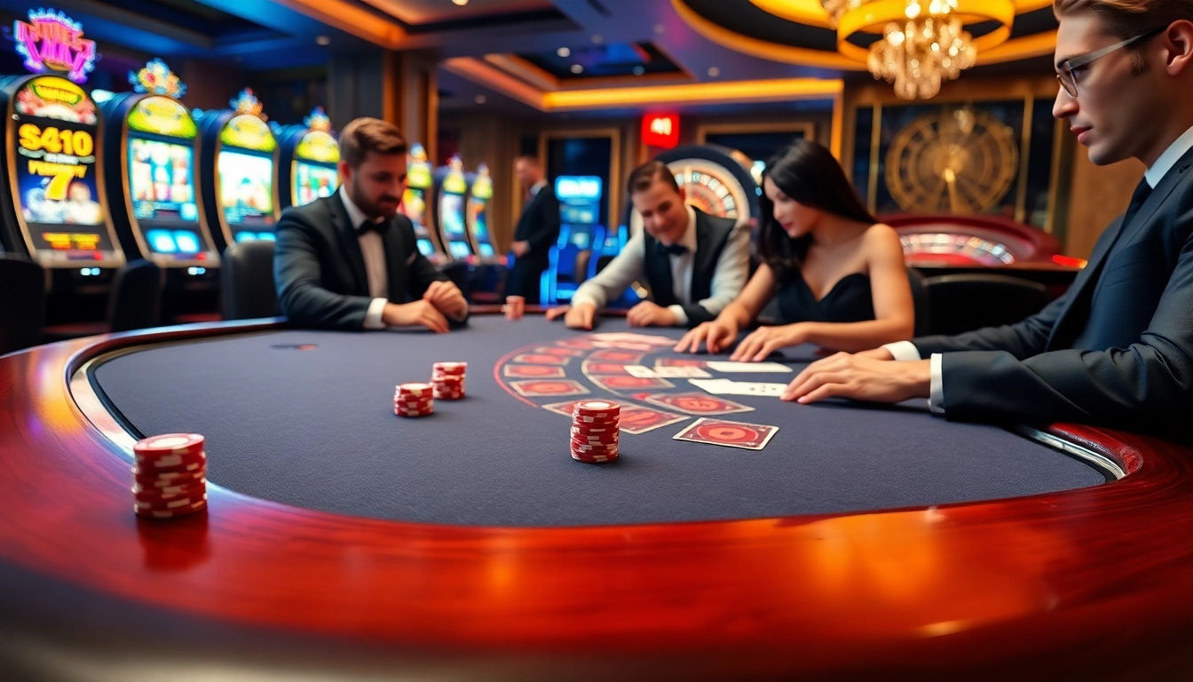 Players enjoying a game of blackjack at Thabet77 casino with vibrant slot machines in the background.