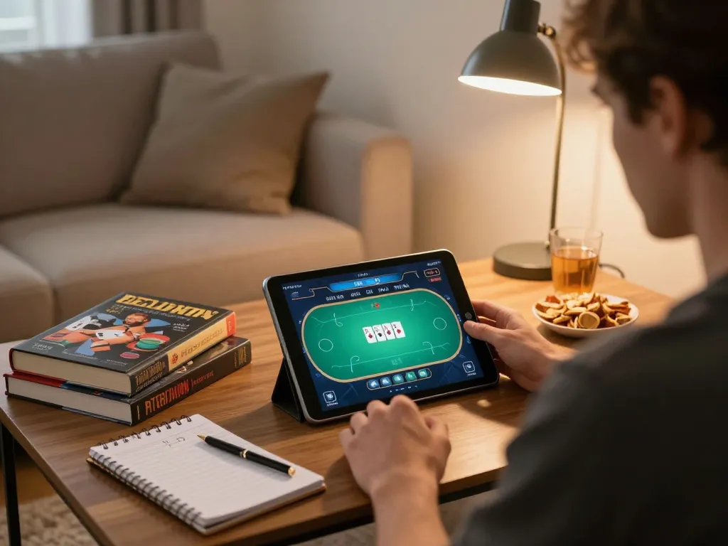 uu88 player engaging in an online poker game with strategy notes beside them in a cozy home setting