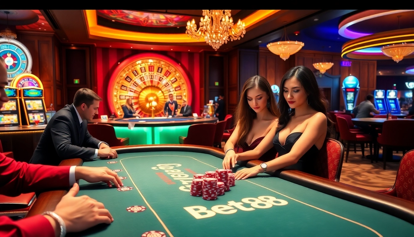 Bet88 players enjoying high-stakes poker and vibrant casino atmosphere.