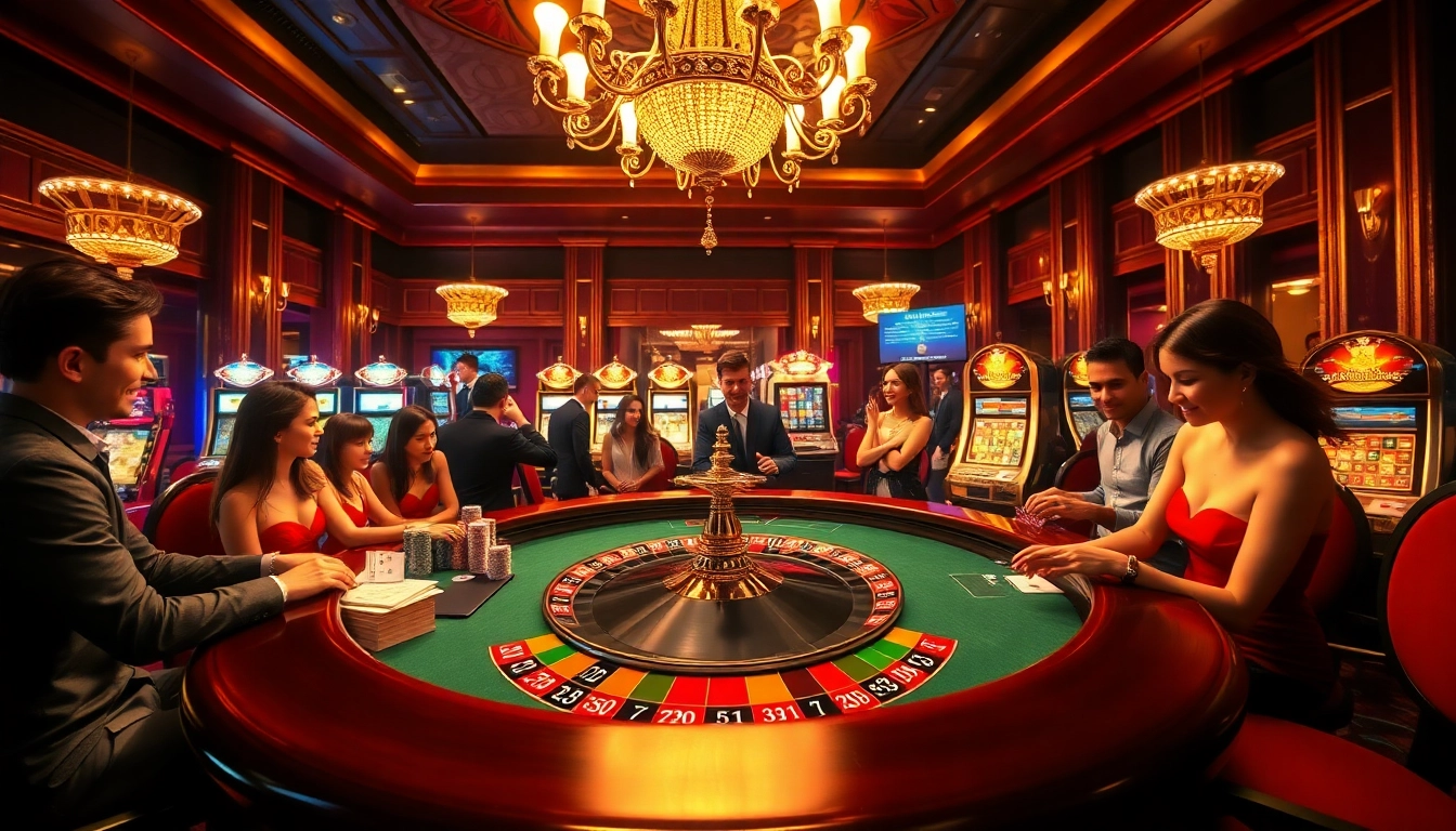 Gambers enjoying a luxurious casino scene with roulette and poker elements at https://fly88.ae.org/ showcasing excitement and luxury.