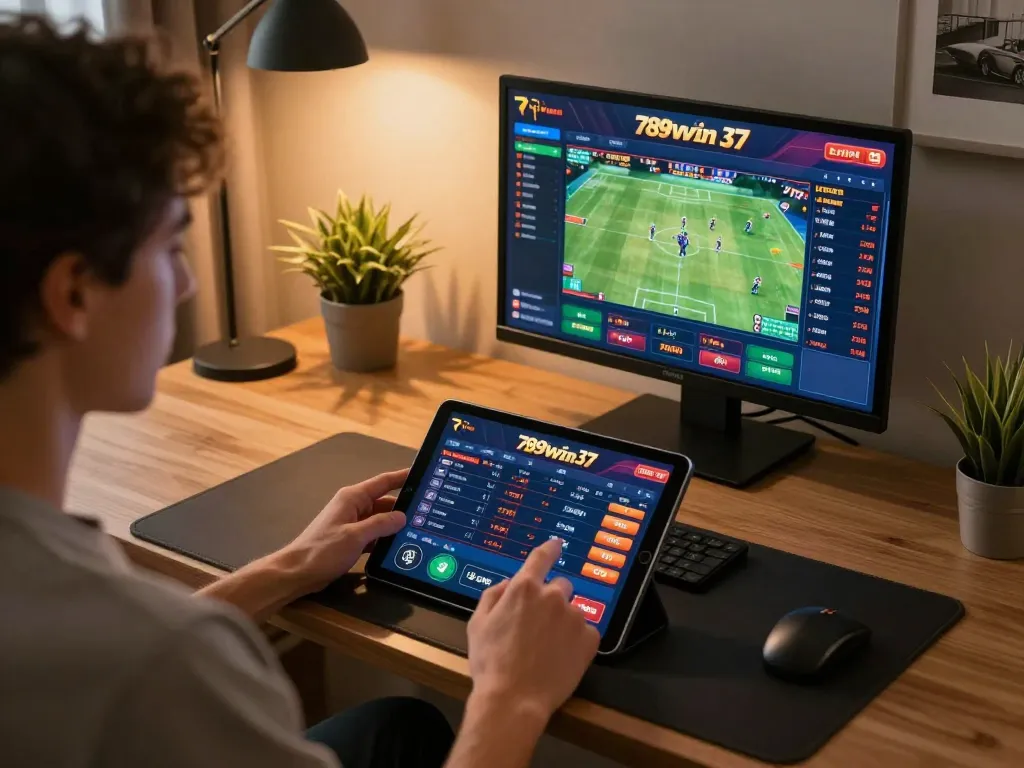 Person engaging with the 789win 37 online betting interface on a tablet, showcasing the thrill of live sports wagering.
