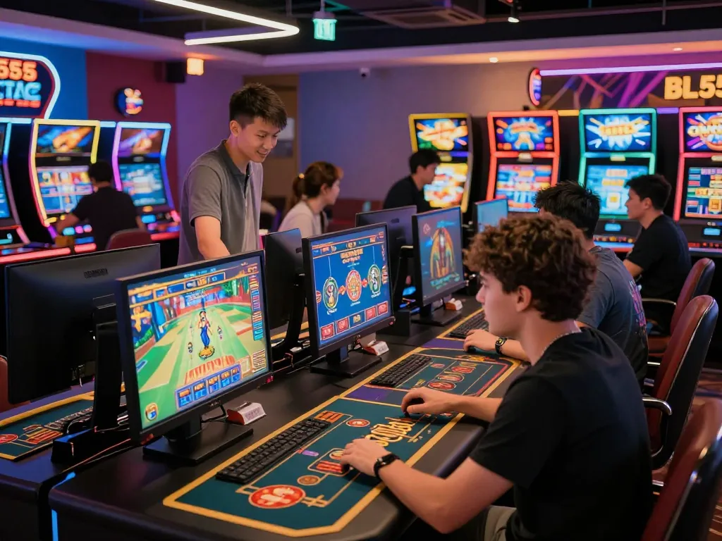 Exciting virtual casino scene at BL555 with players engaged in games and vibrant graphics.