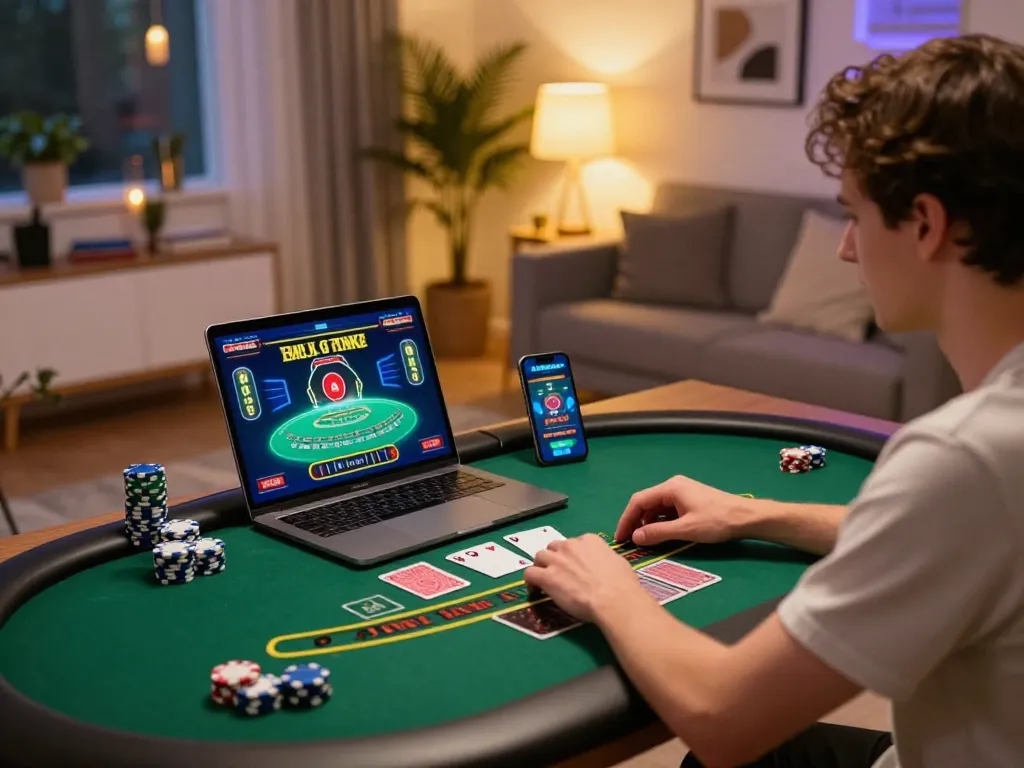 Engaged player strategizing in online blackjack session at https://fabet.credit/, showcasing home gaming setup with laptop and chips.