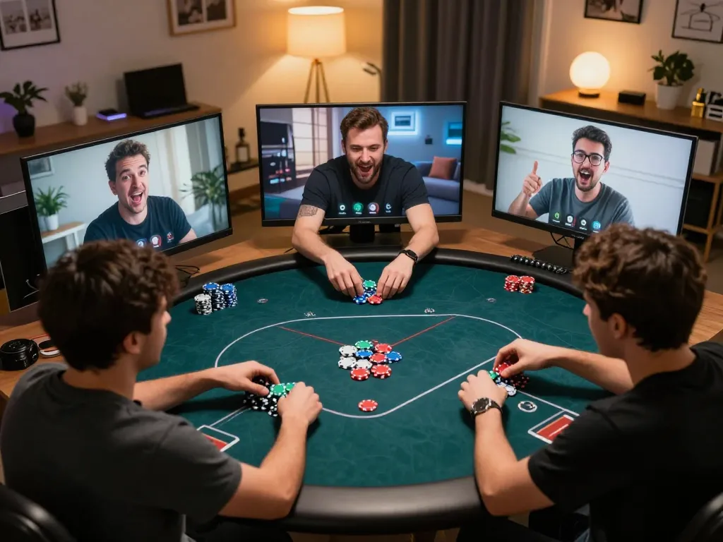 hi88 players enjoying an intense online poker game, showcasing chips and strategic interactions in a cozy setting.