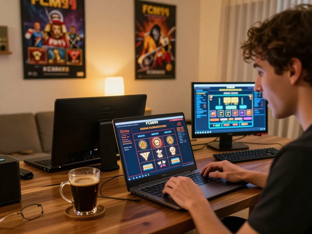 Player engaged with FCM99 online casino on laptop, showcasing exciting gameplay