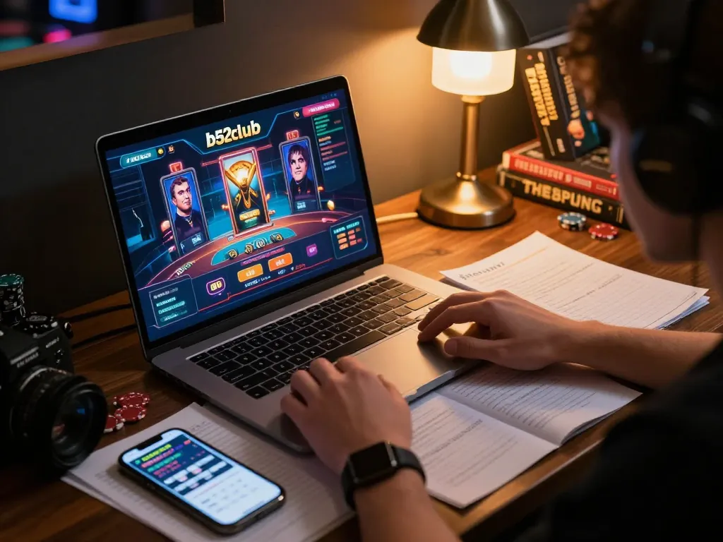 b52club player engaging in online gambling with poker and slots on laptop