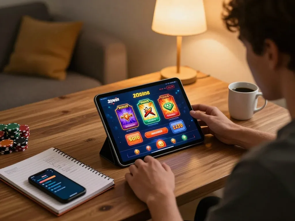 Player explores 32win casino app on tablet, showcasing an engaging online gaming experience.