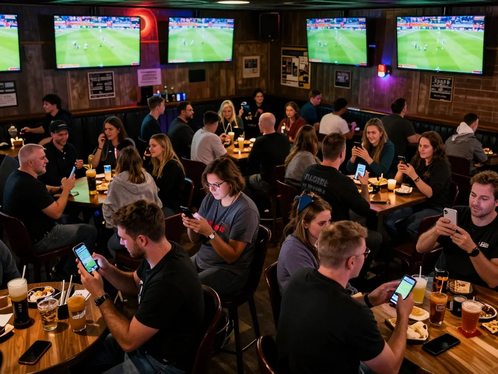 Engaged patrons actively placing live bets at a sports bar, showcasing trangcacuocbongda's vibrant betting atmosphere during a major match.