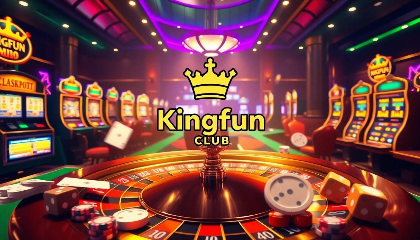 Kingfun club logo featured on a luxurious casino scene with roulette wheel, cards, and chips.