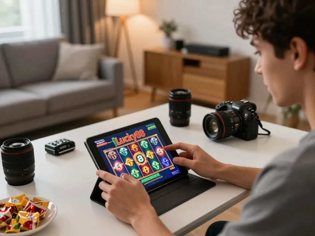 Enjoying an exciting Lucky88 slot game on a tablet in a cozy home atmosphere