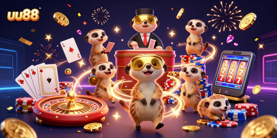 Experience exciting gaming at uu88 with 3D meerkats running a colorful casino operation.