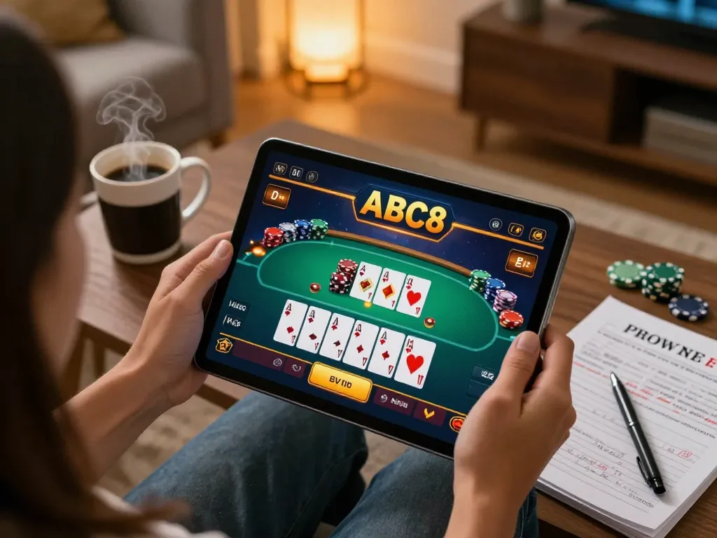 Engaging online poker gameplay on ABC8go tablet among cozy home decor