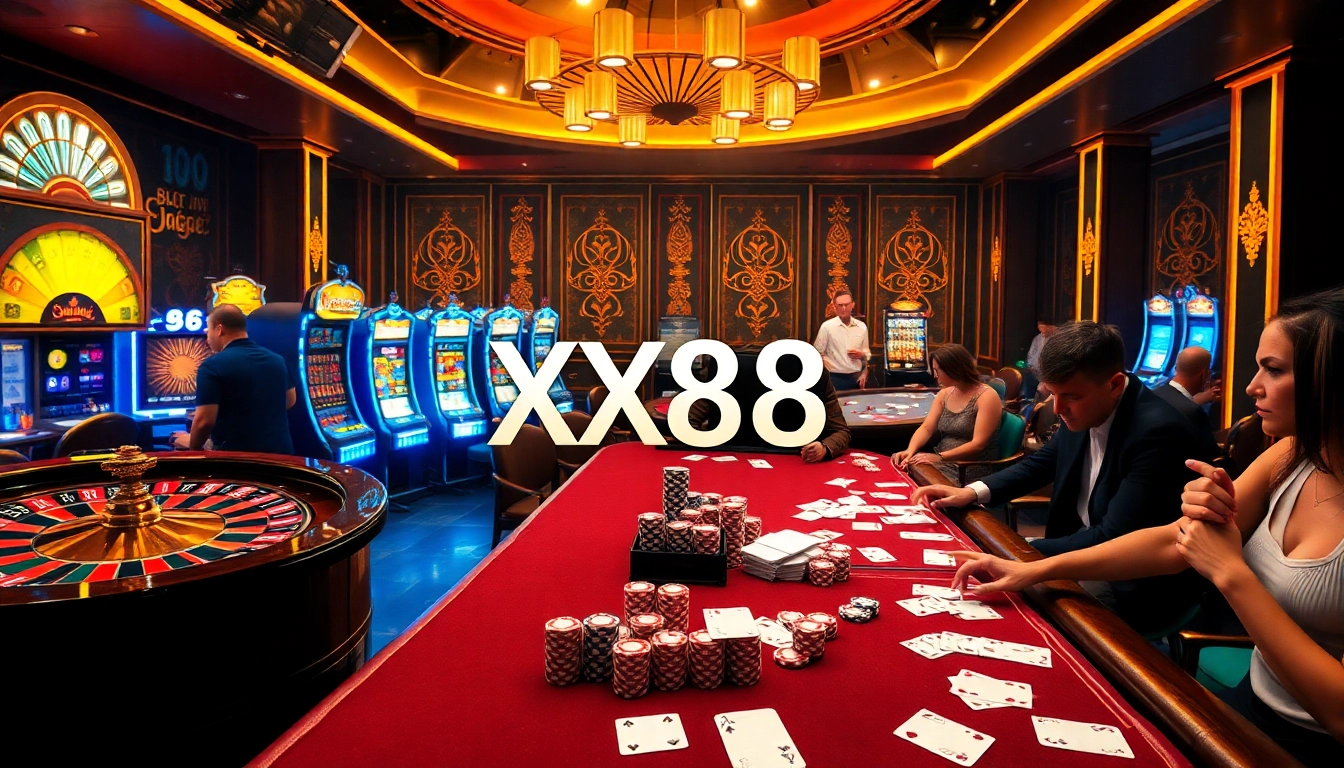 Intense gamblers playing poker at XX88 casino tables with colorful chips and vibrant slots.
