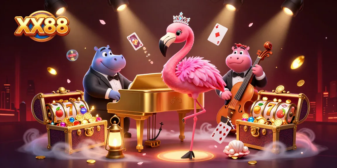 Experience the thrill of the online casino world with XX88's vibrant 3D digital art featuring games and lively characters.