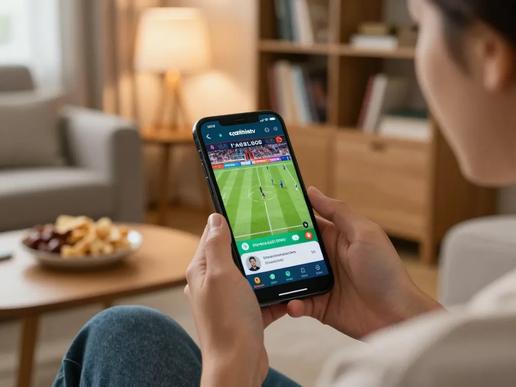 Person enjoying cakhiatv app on mobile device for live football streaming in cozy home setting.