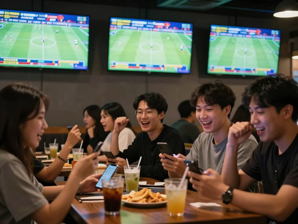 Engaged bettors placing kèo bóng đá bets while watching live sports in a lively bar setting