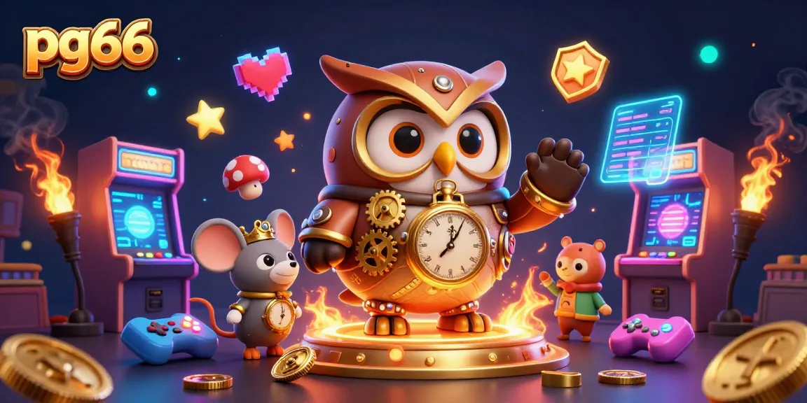 Engage with pg66 through a vibrant 3D casino illustration featuring a time-traveling owl and arcade elements.