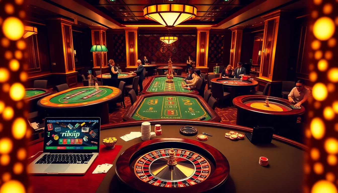 Experience the thrill of rikvip at a luxurious casino setting with excited players and vibrant games.