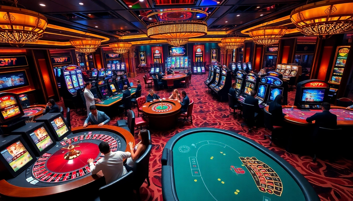 Experience the thrill of winning at TG777 Casino with vibrant gaming tables and excited players.