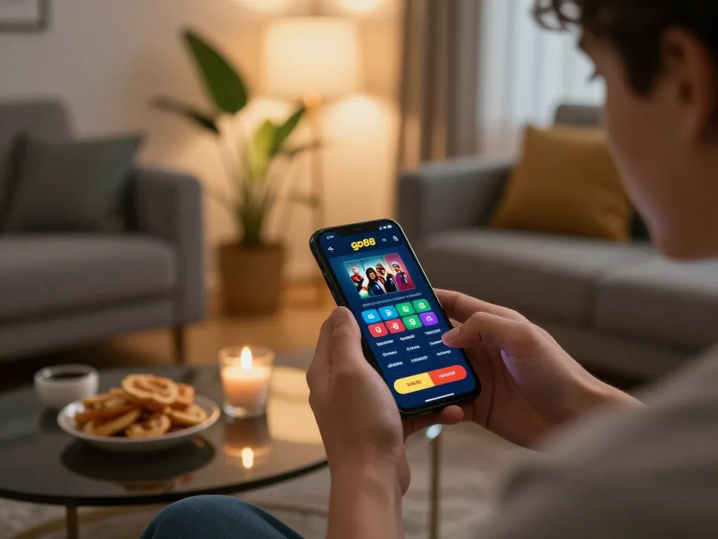 Player enjoying the go88 mobile casino app in a cozy home atmosphere with snacks and warm lighting.