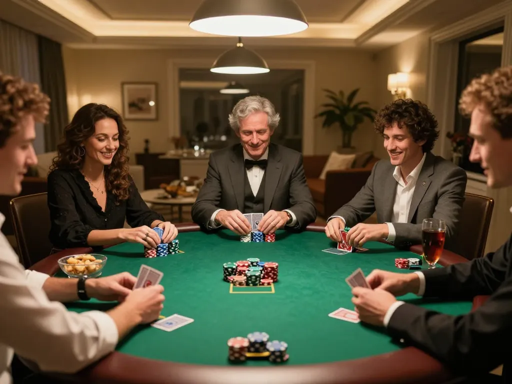 Exciting home poker game night scene showcasing vipwin2 strategy in action with players engaged.