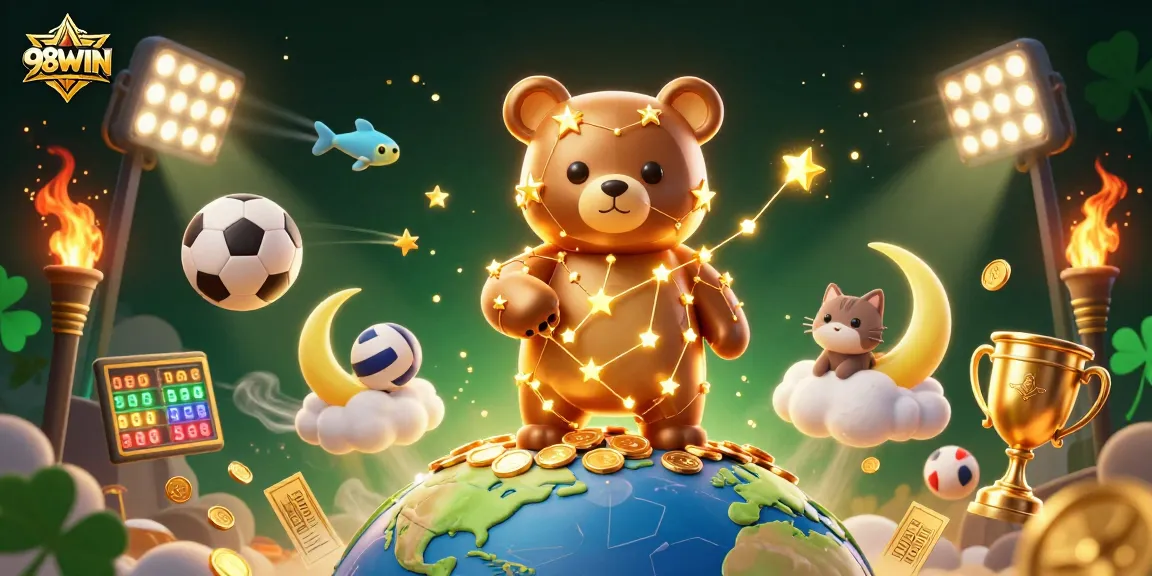 Experience thrilling wins at 98WIN with golden coins cascading from the constellation bear in this vibrant casino artwork.