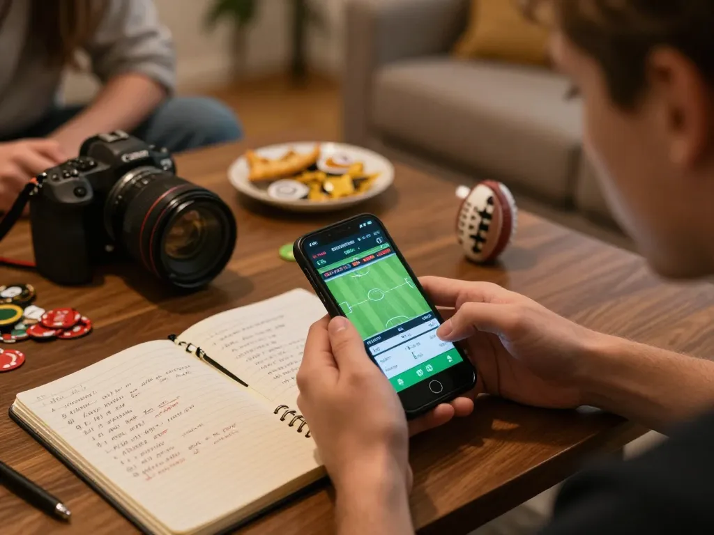 person engages in strategic sports betting using nhandinhkeonhacai app on smartphone while reviewing notes
