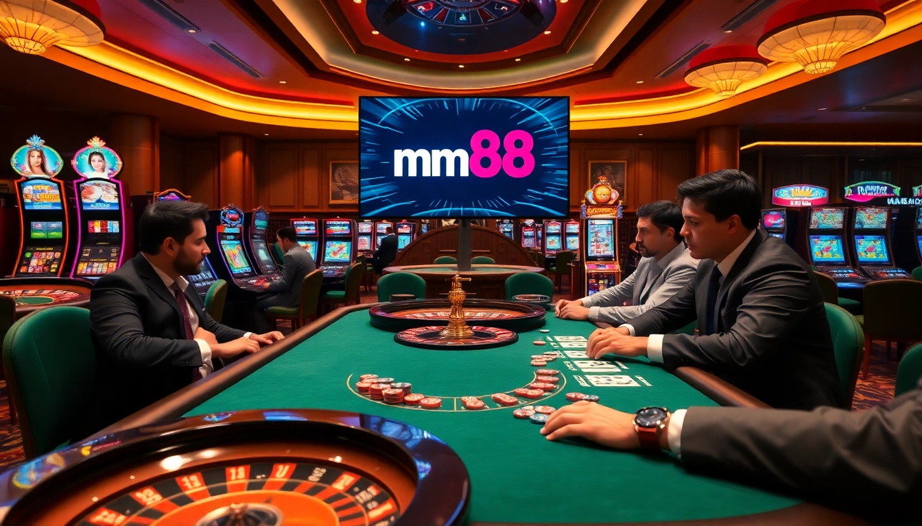 Experience the thrill of gameplay at mm88, where vibrant slot machines come alive in a luxurious casino setting.