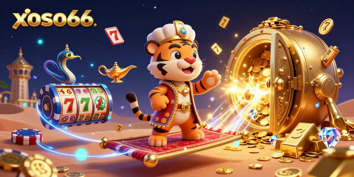 Experience the magic of xoso66 with an enchanting illustration full of vibrant slot games and treasures.