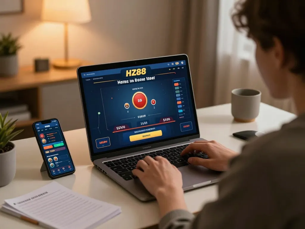 Person engaged in HZ88 live dealer game on laptop, showcasing modern gaming atmosphere