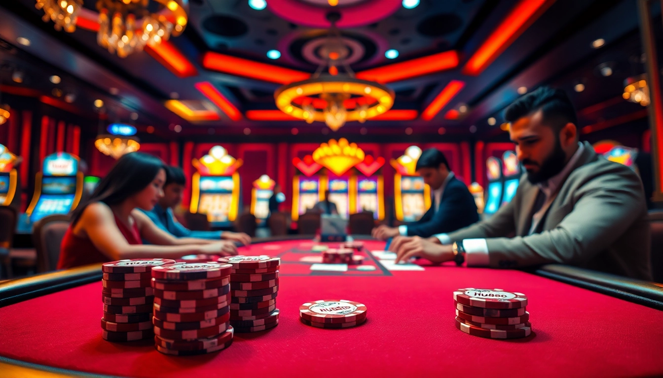 Action-packed poker table atmosphere featuring HU888 chips and players in a luxury casino.