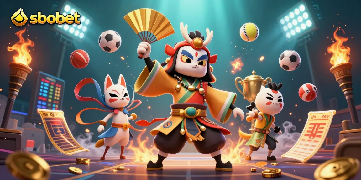 SBOBET sports betting scene featuring a kabuki warrior and sports elements, dynamic and vibrant.