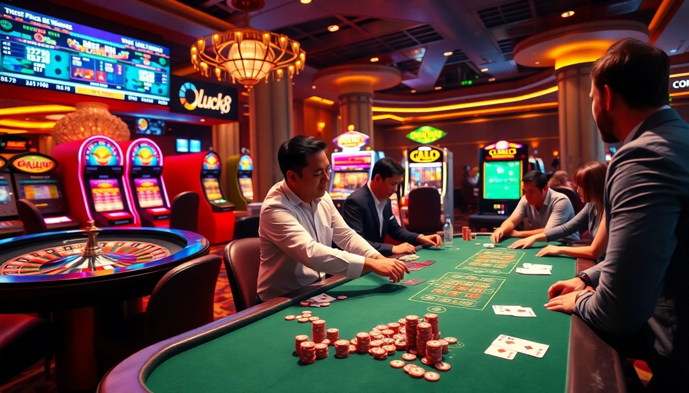 Luck8 players enjoying a thrilling poker game at a luxurious casino table.